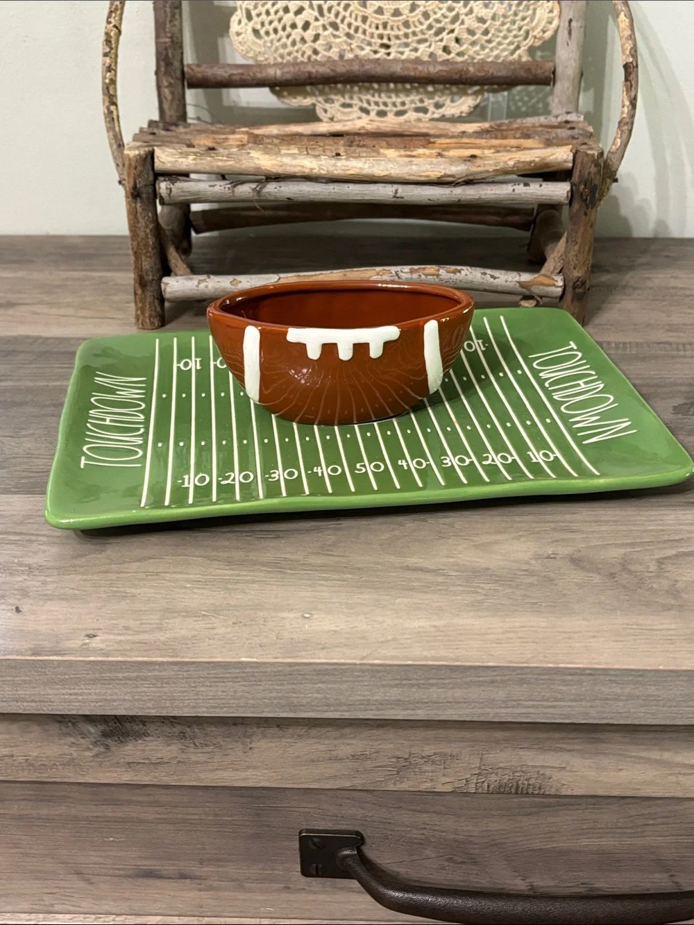 EUC Rae Dunn Touchdown Football Field Chip and Dip Ceramic Platter